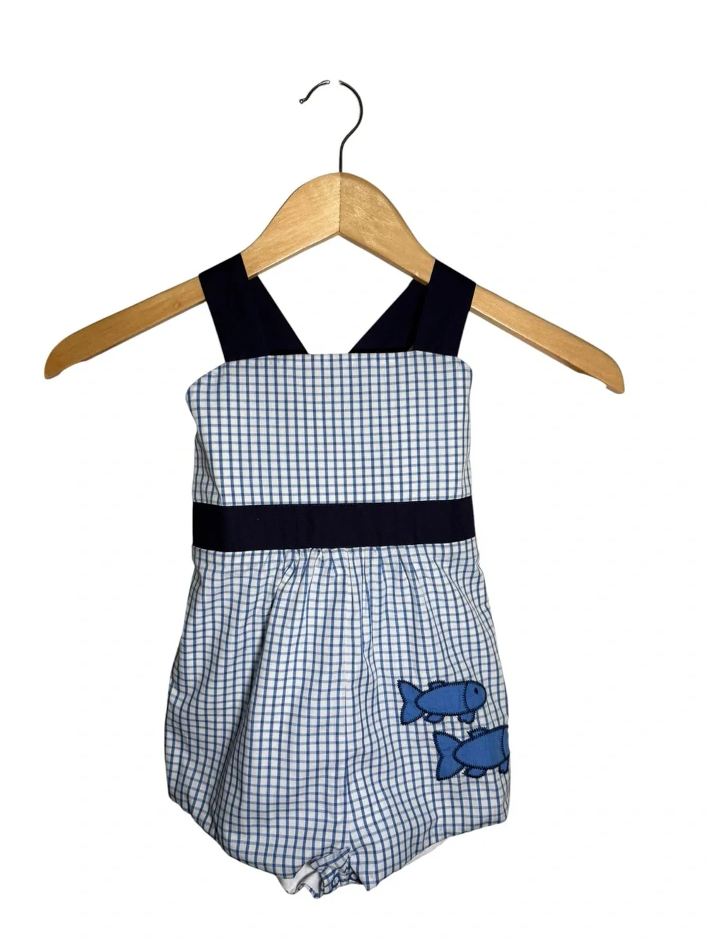 The Beaufort Bonnet Company Shadley Shortall Blue Windowpane Fish Applique NWT